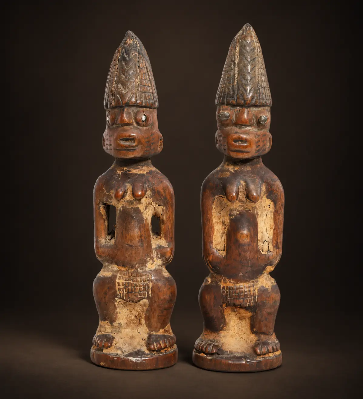 Pair of Yoruba twin figures retaining extensive signs of ritual use