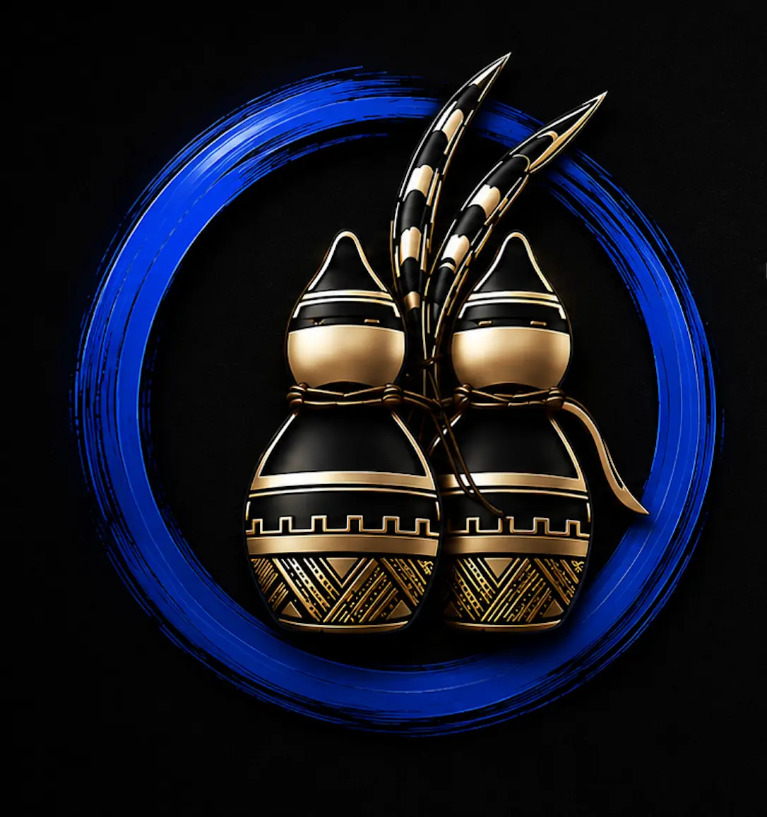 Graphic emblem of twin figures within a blue circle